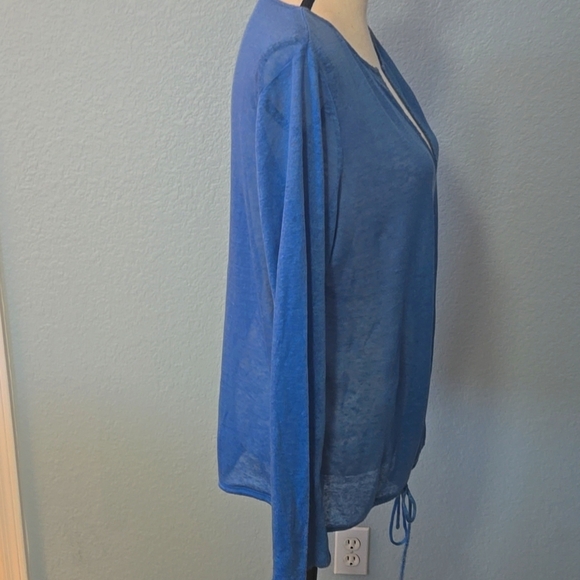 ELIE TAHARI Blue Linen Long Sleeve Lightweight Sweater Rounded V Neck Sz LARGE - Picture 6 of 15